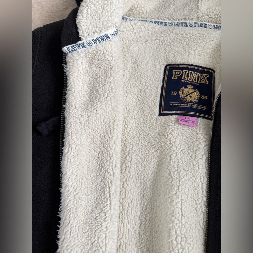 Victoria's Secret Pink Black Sherpa Lined Zip Up Sweatshirt Jacket Large - Picture 3 of 6